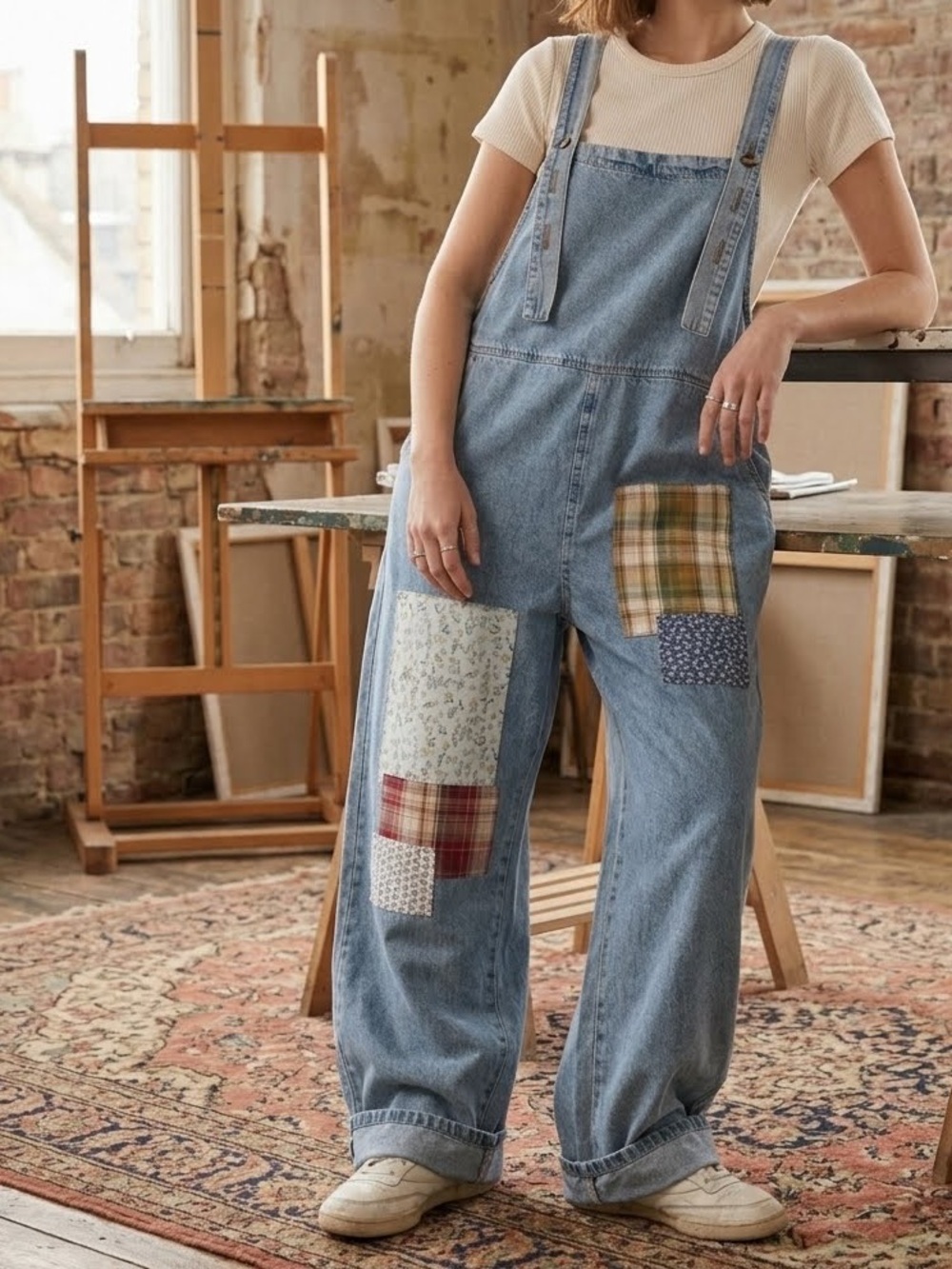 Easel Light Blue Denim Patchwork Overall Oversized Sz L Cottage Eclectic Boho